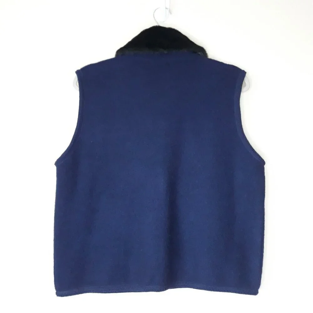 Vtg Faux Fur Detachable Collar Blue Wool Vest Large by Tally-Ho